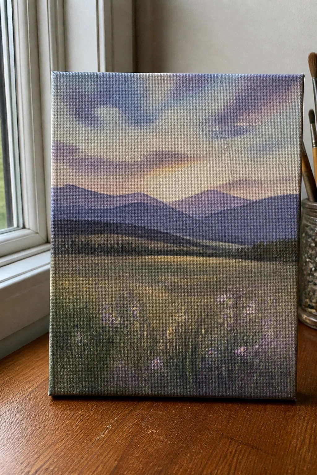 Canvas painting of layered purple mountains above a wildflower meadow at sunset.