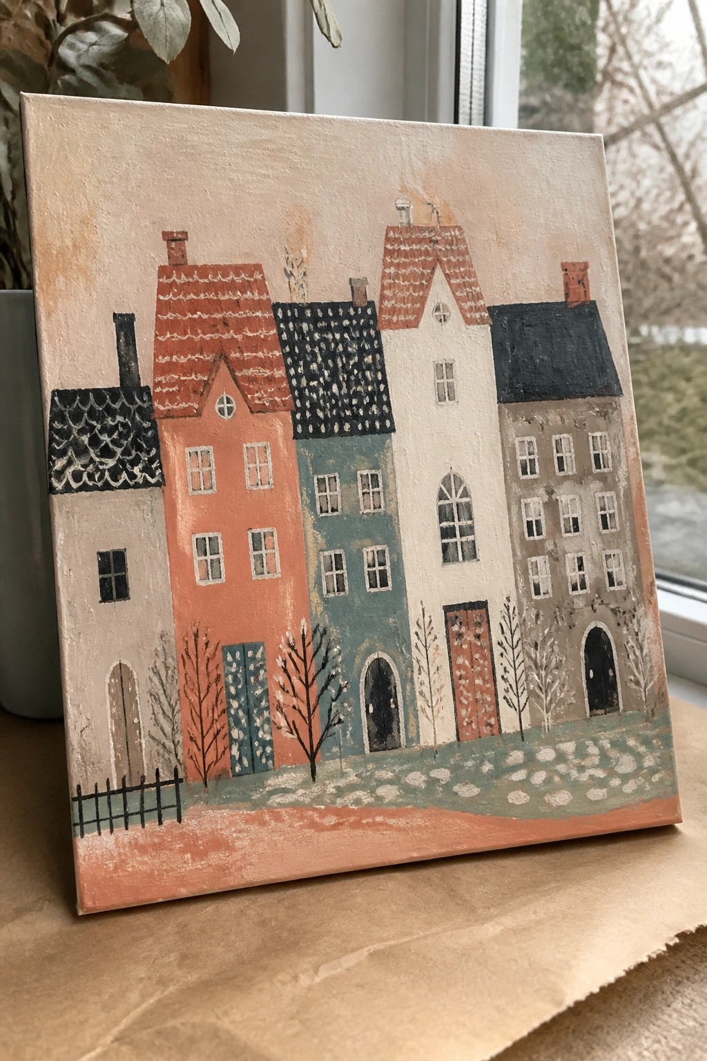 Colorful folk-style painting of pastel houses with patterned roofs on a ledge