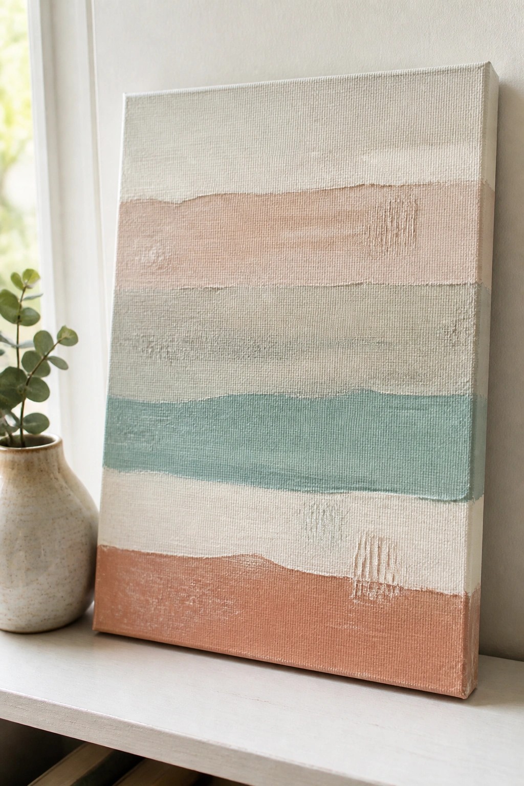 Abstract canvas with horizontal stripes in soft beige, pink, green and terracotta beside eucalyptus vase