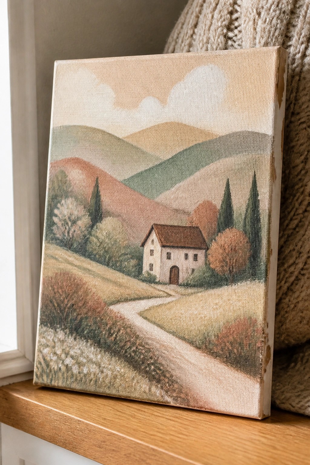 Canvas painting of house amid rolling hills on windowsill beside beige knit sweater.