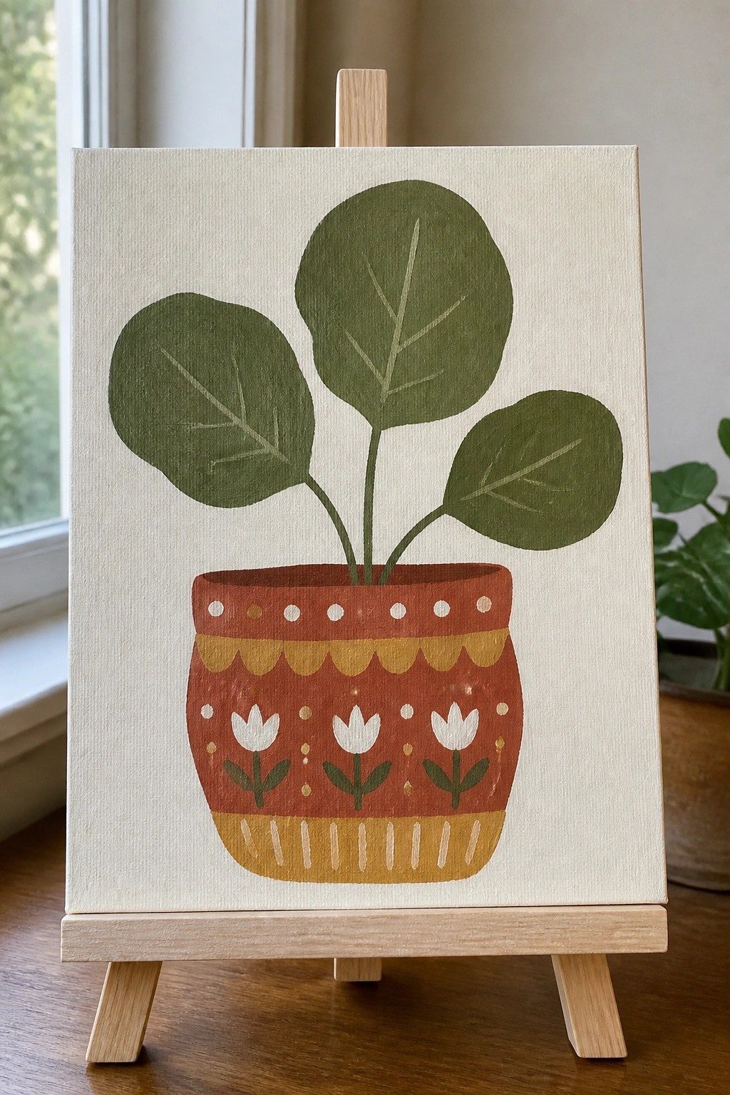 Canvas on easel with folk-art potted plant in patterned terracotta pot.