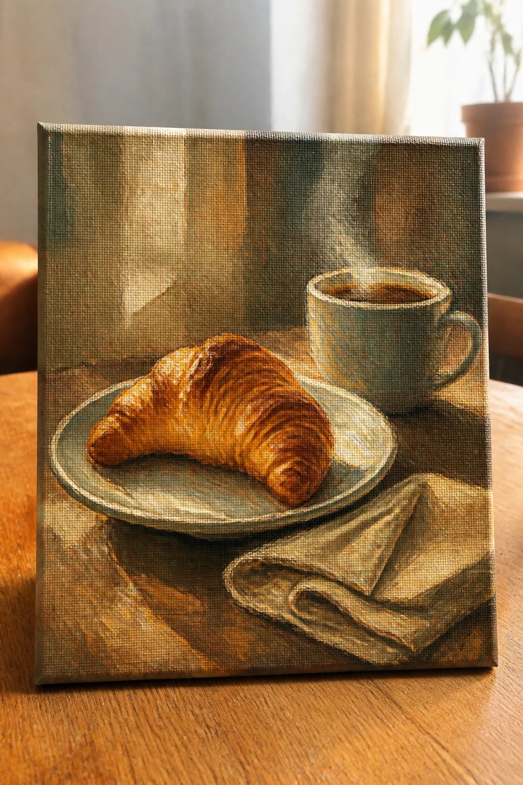 A canvas painting shows a croissant on a plate next to a steaming cup of coffee on a wooden table with a folded napkin.