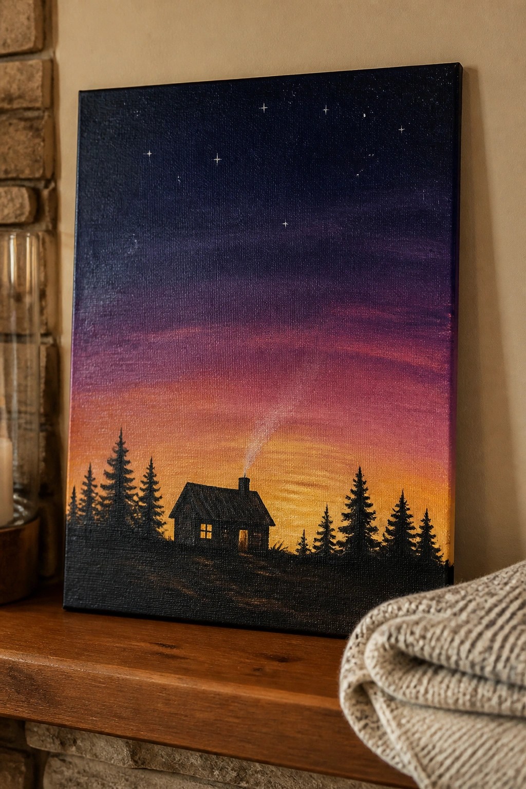 Painting of silhouetted cabin with smoke amid pine trees under starry purple-orange sky on mantel.