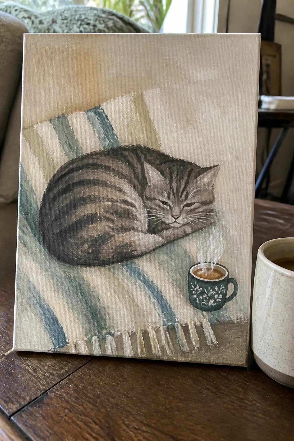 Painting of sleeping tabby cat beside steaming green floral mug on striped fabric