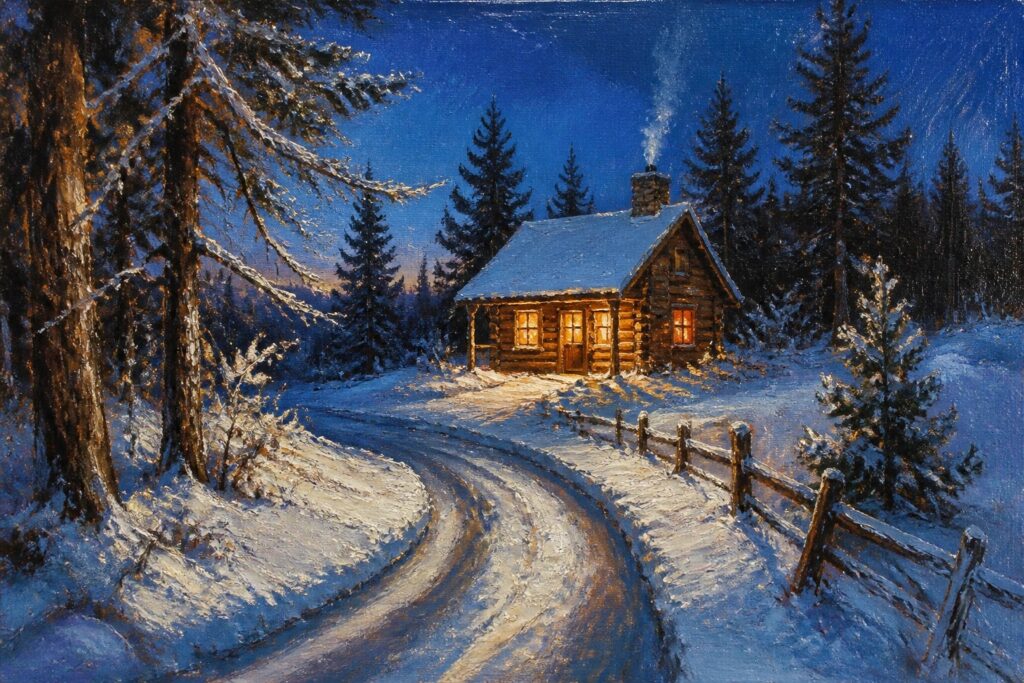 An oil painting of a log cabin with warm glowing windows nestled in a snowy pine forest at dusk with a winding path leading to the door and smoke rising from the chimney.