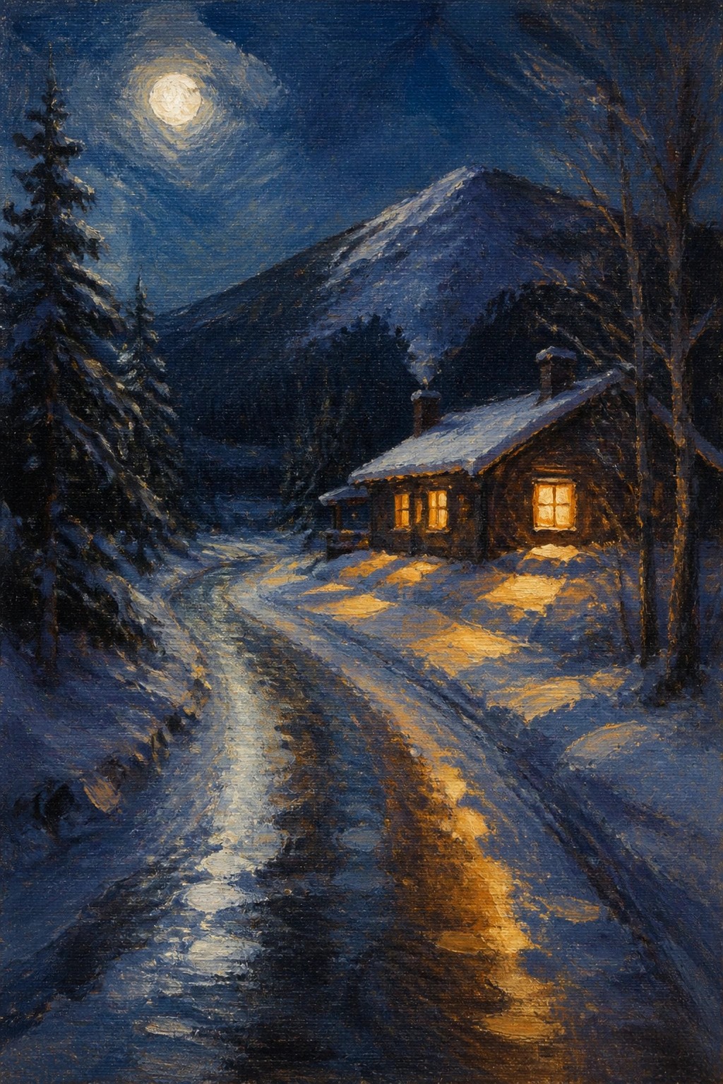 Oil painting of a snow covered road leading to a wooden cabin with glowing windows under a full moon with mountains and pine trees in the background
