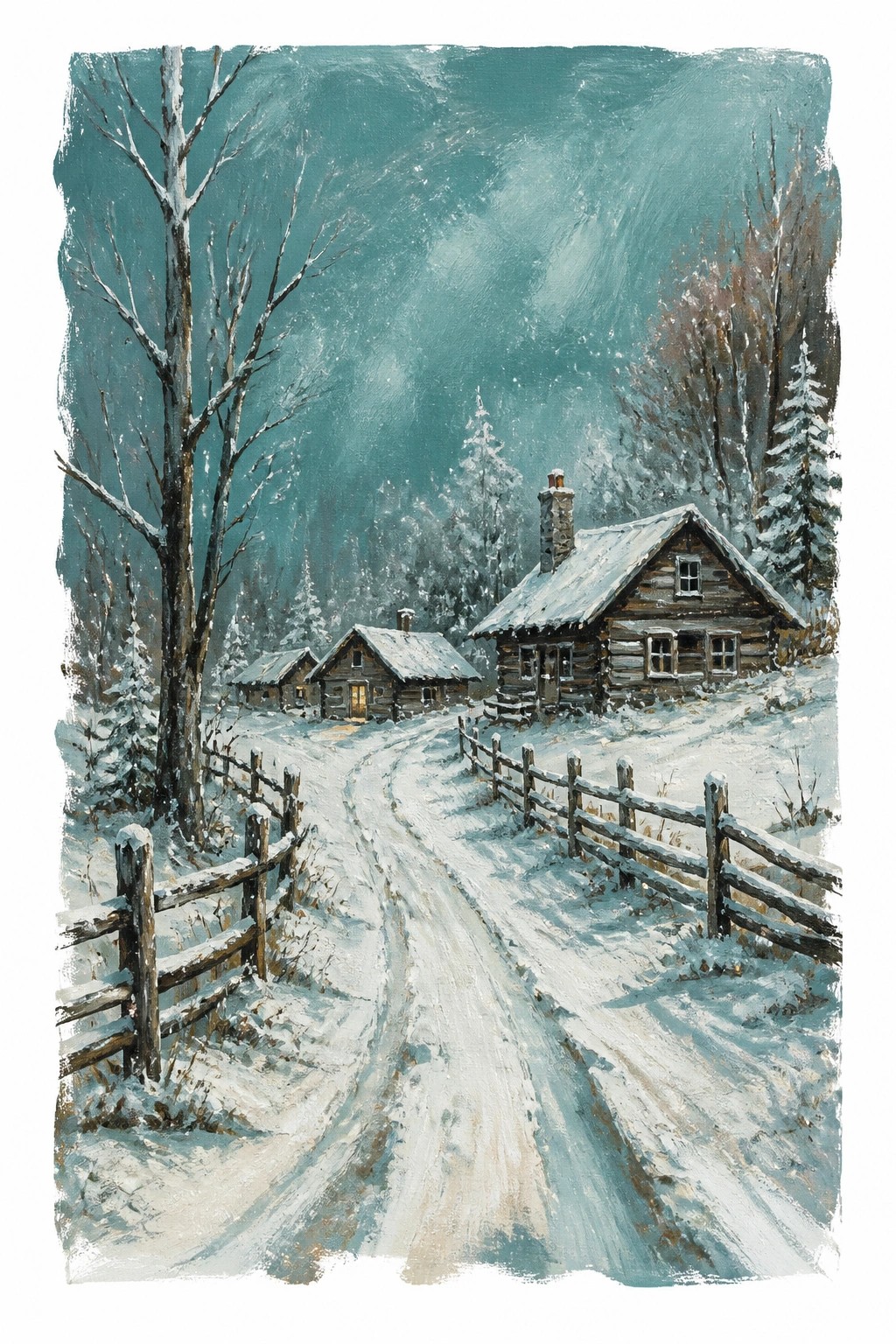 A painting of snow covered log cabins with a winding road and wooden fences under a teal sky