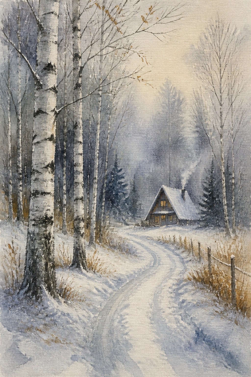 Watercolor painting of a snowy winter scene with birch trees along a winding road leading to a cabin with lit windows and chimney smoke in a misty forest.