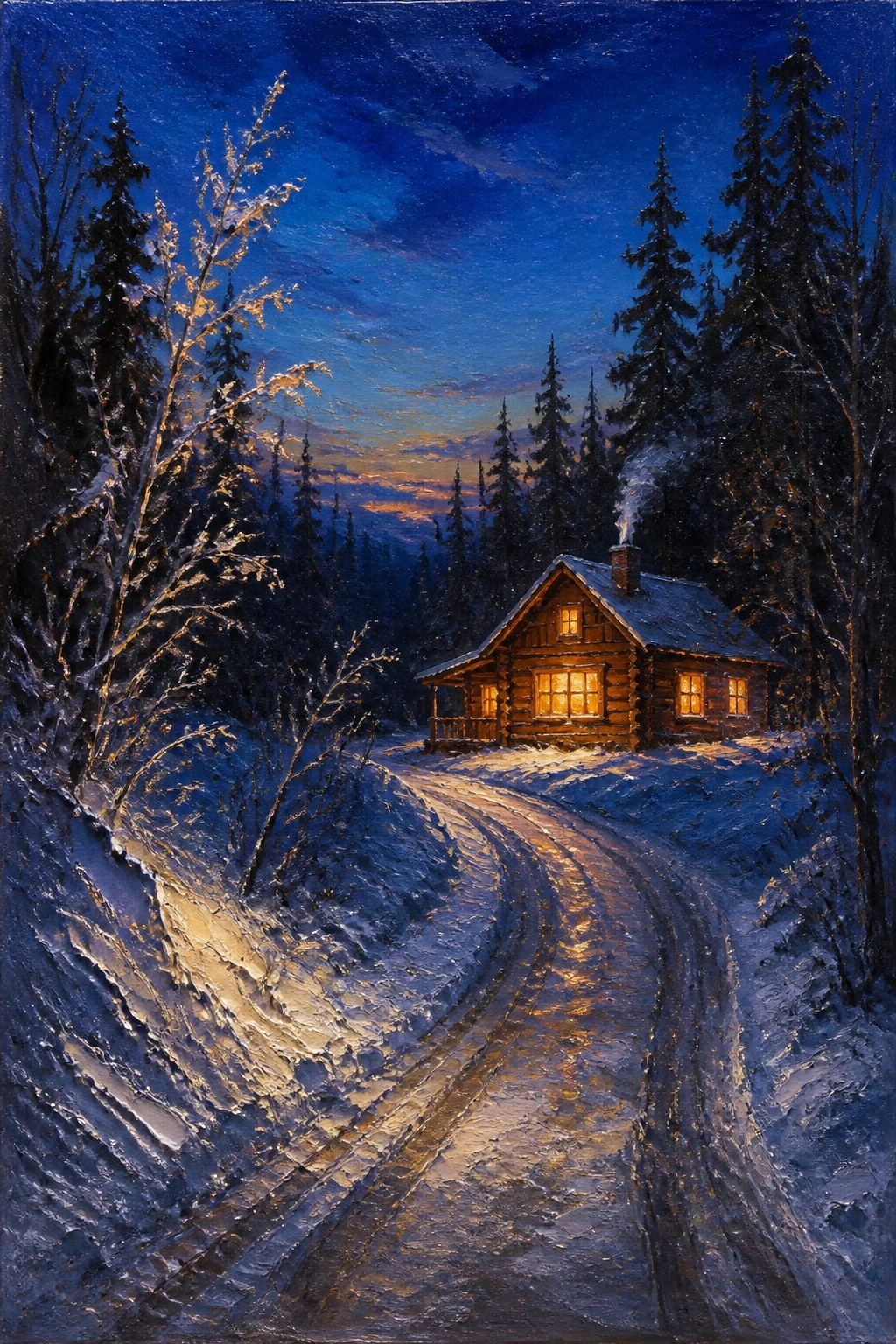 An oil painting of a log cabin with warm glowing windows nestled in a snowy pine forest at dusk with a winding path leading to the door and smoke rising from the chimney.