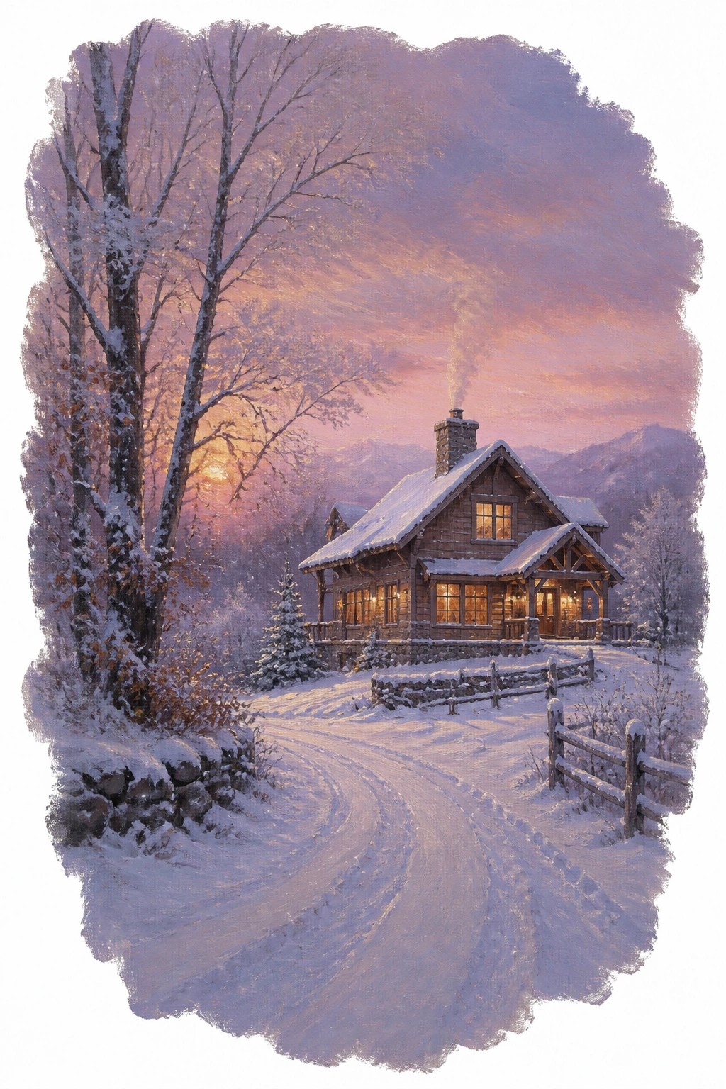 A wooden cabin with snow on the roof and warm lights in the windows sits beside a winding snowy road with mountains and a pink sunset sky in the background.