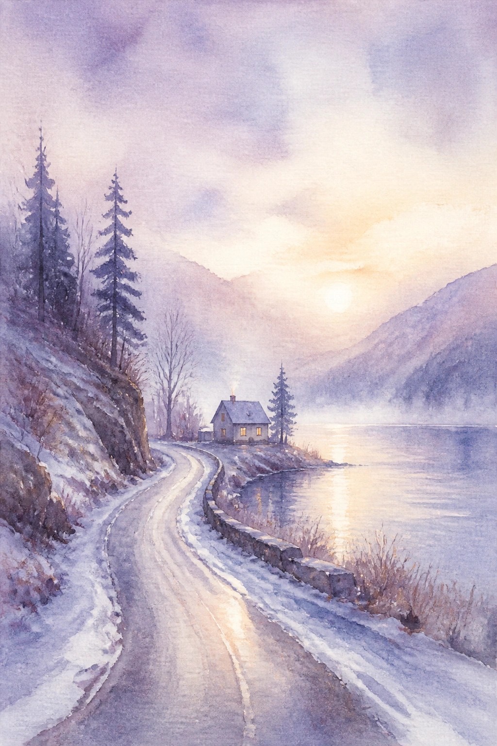 A watercolor painting of a curving snowy road by a calm lake with a lit cabin smoke from the chimney and mountains at sunset.