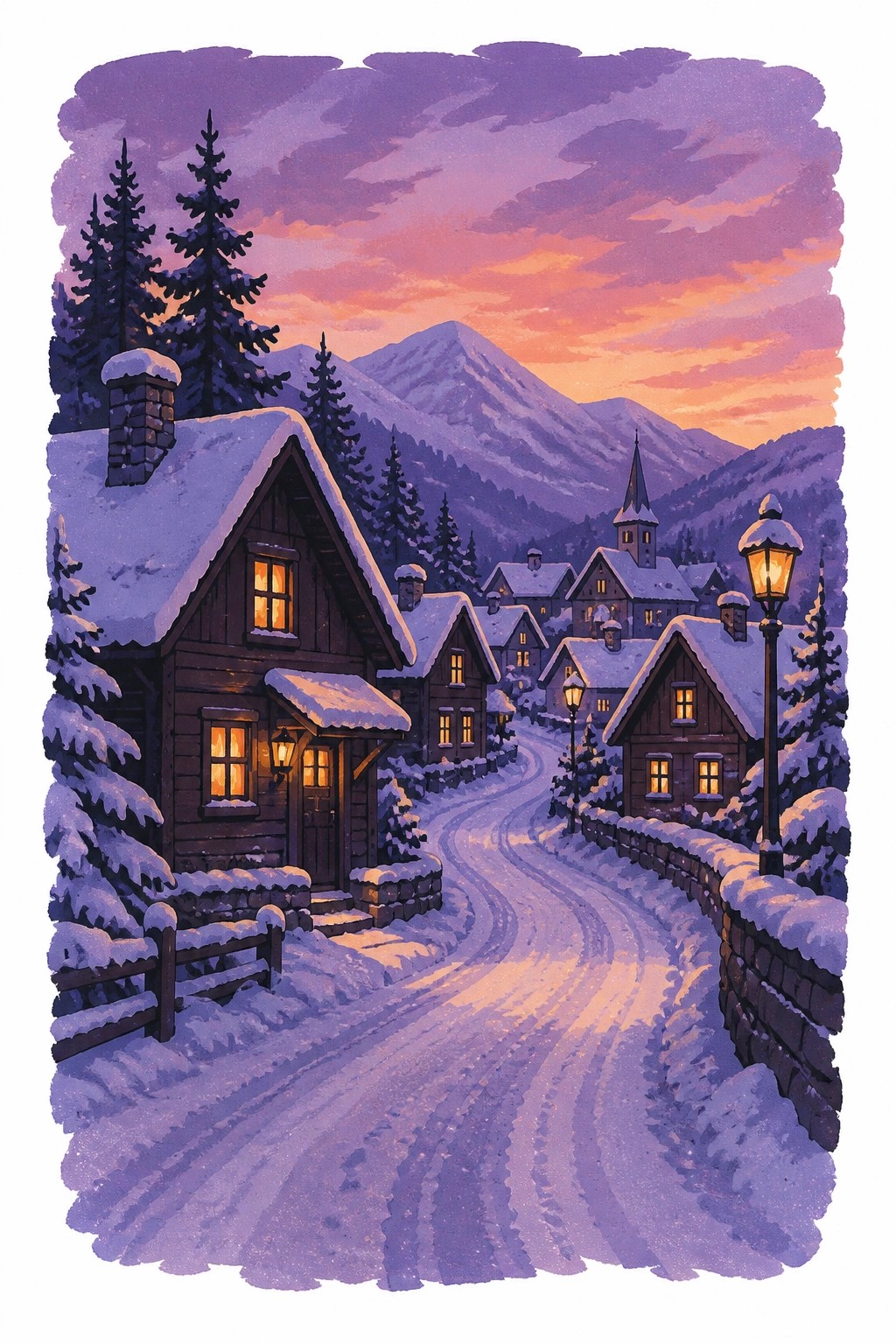 A digital painting of a snowy mountain village at dusk with wooden cabins glowing windows a winding road street lamps and purple orange sky over peaks.