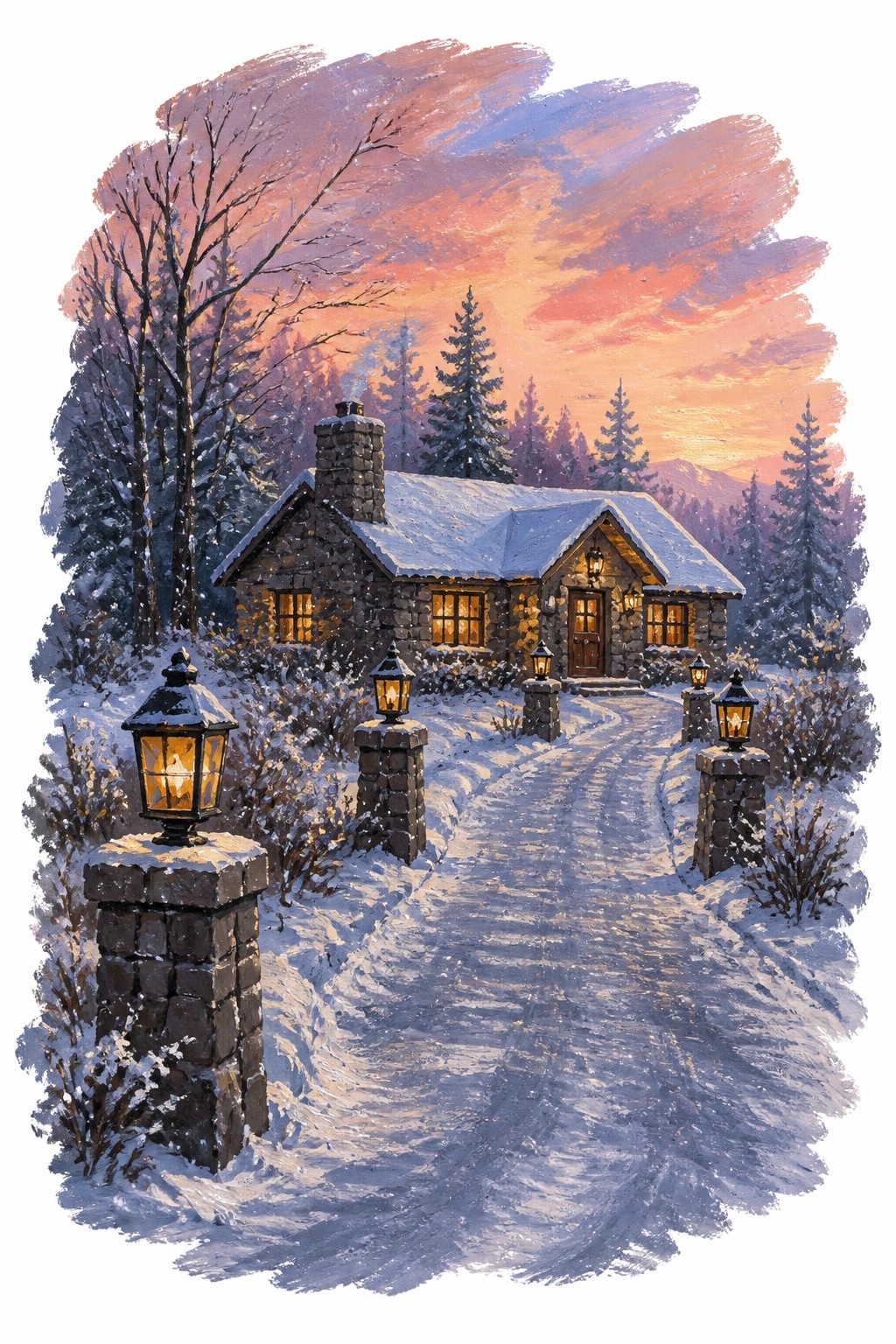 A realistic painting of a stone cabin in deep snow with a lantern lined path leading to the door under a vibrant orange and pink sunset sky surrounded by pine trees.