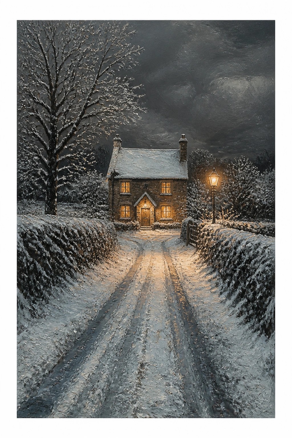 A realistic oil painting of a snow covered stone cottage with lit windows at night. A winding path leads to the door under a dark sky with a bare tree on the left and a glowing street lamp on the right.