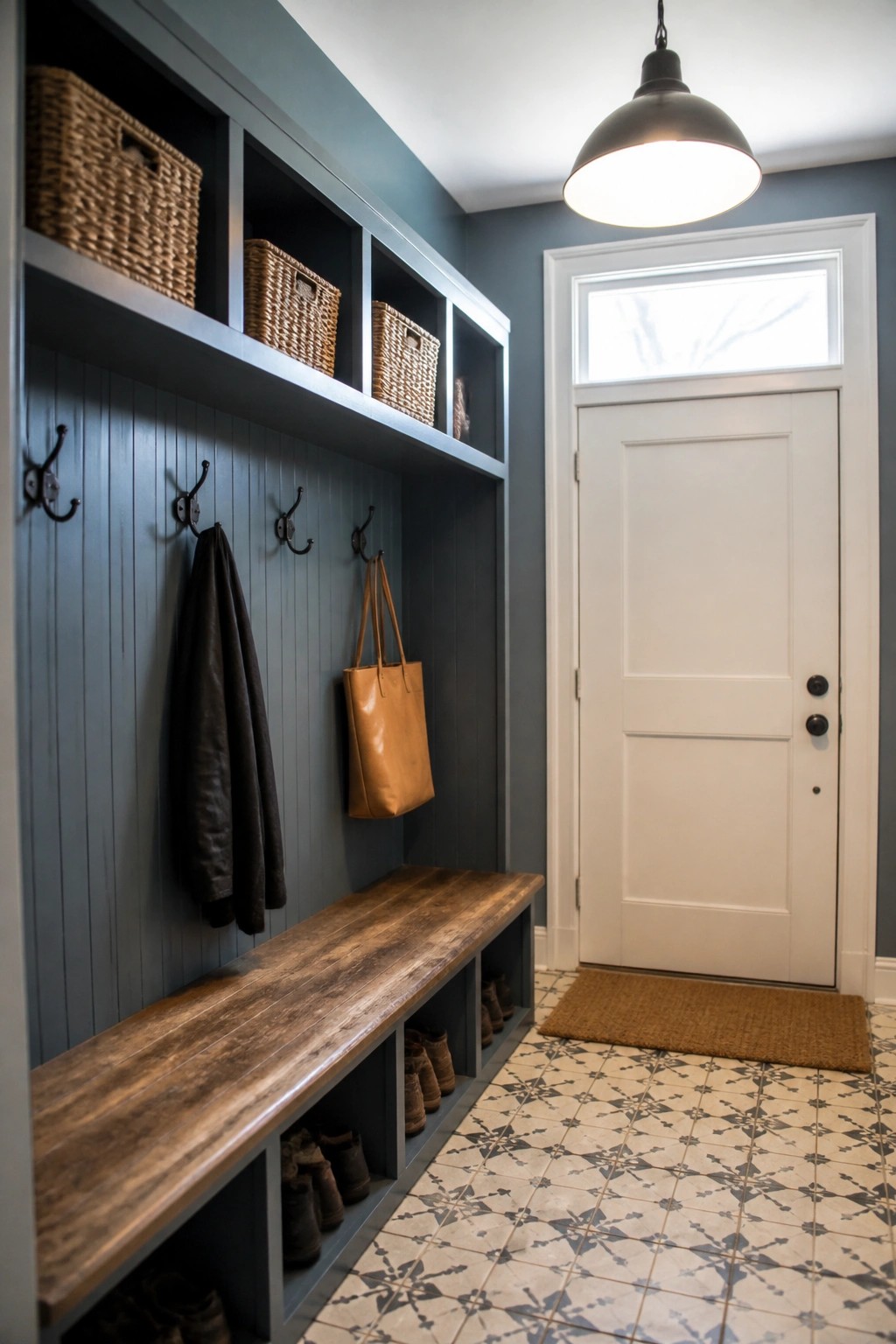 Built-in storage wall painted deep blue-gray with wood bench and shelves in a narrow entry.