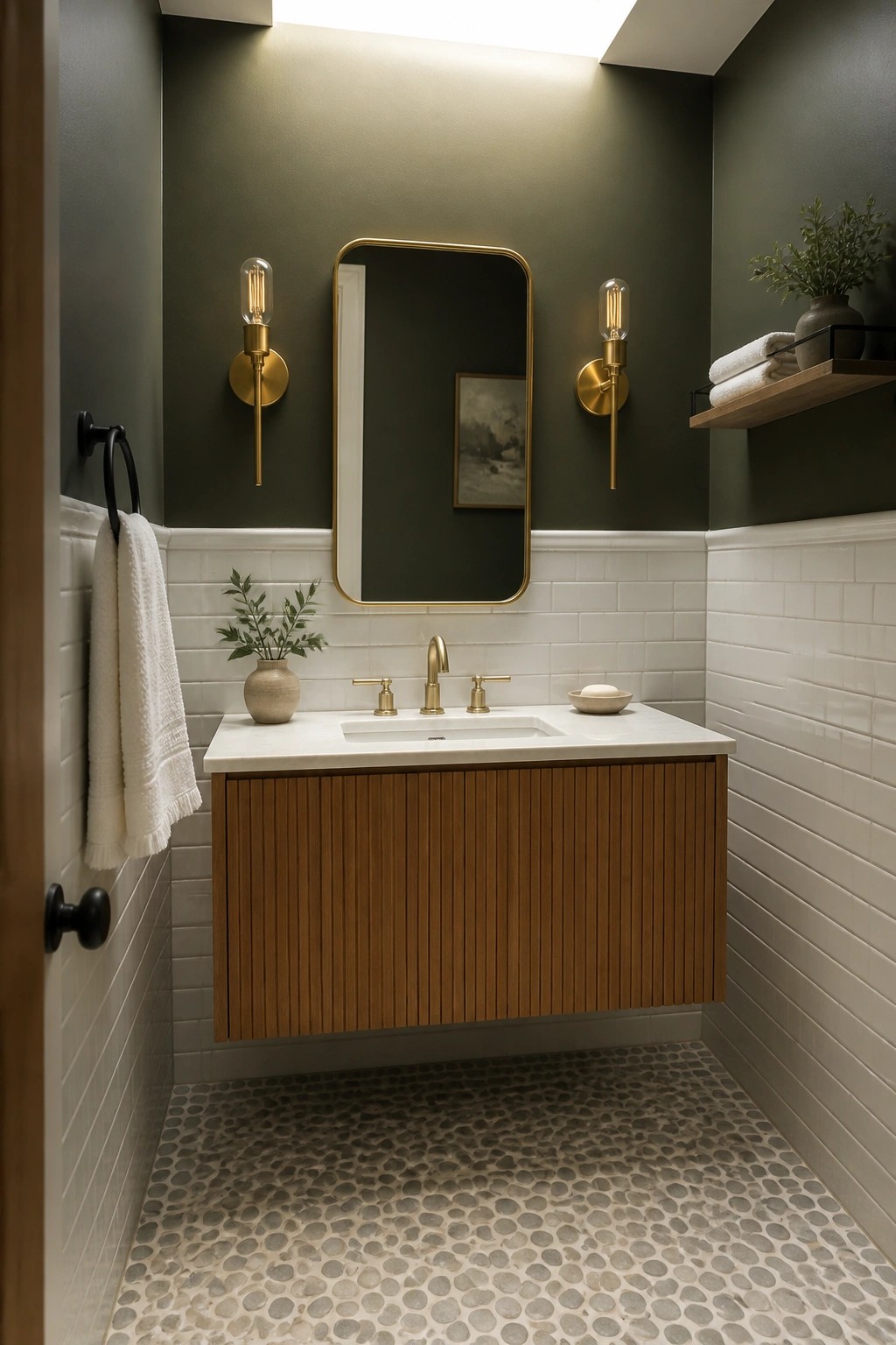 Modern bathroom with dark green walls, fluted wood vanity, gold fixtures, and pebble floor
