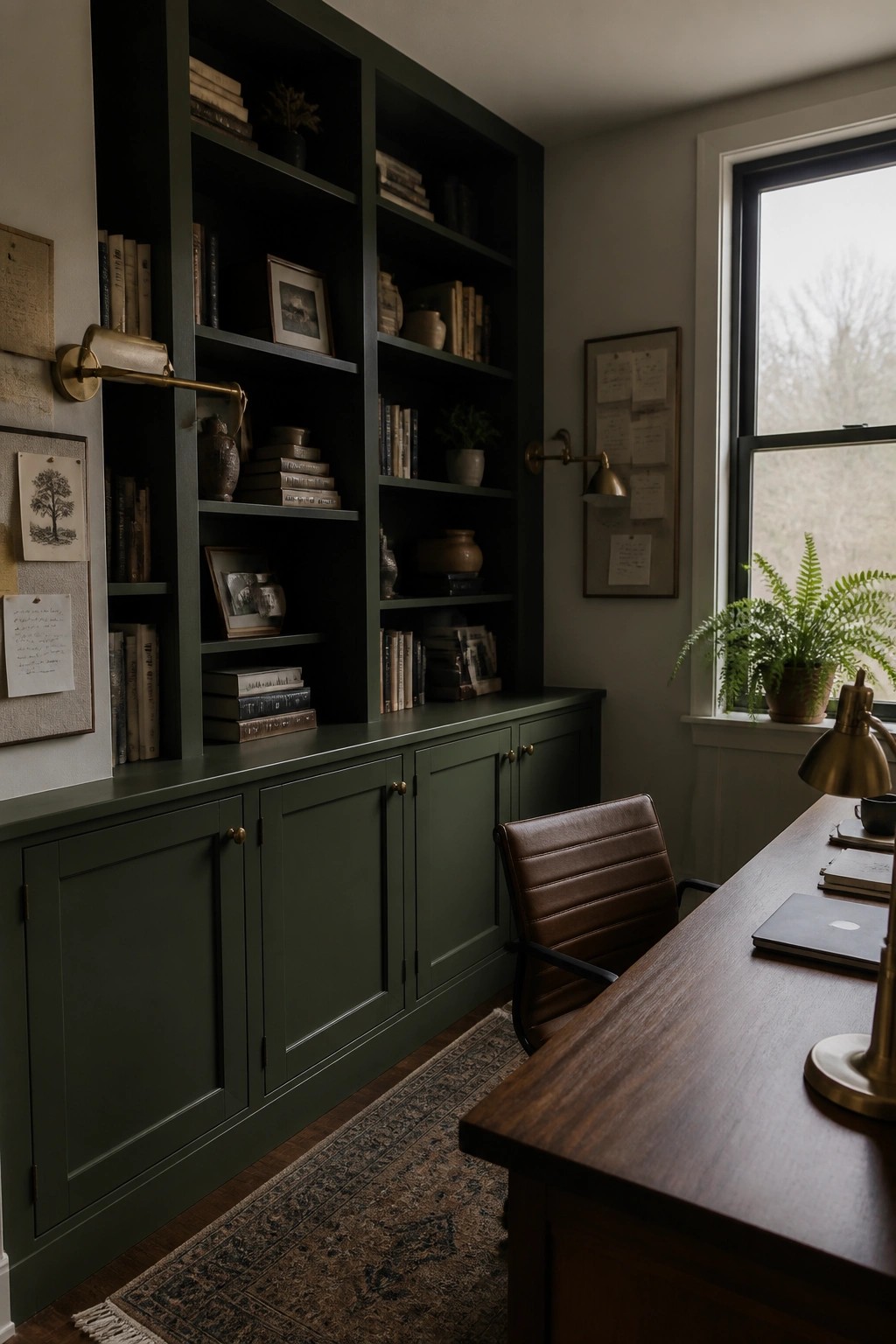 A deep green built-in bookshelf and cabinet unit in a home office with a wood desk.