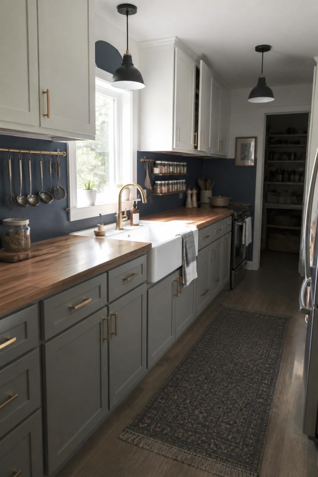 Deep navy blue accent wall in a kitchen with white and gray cabinets plus wood countertops.