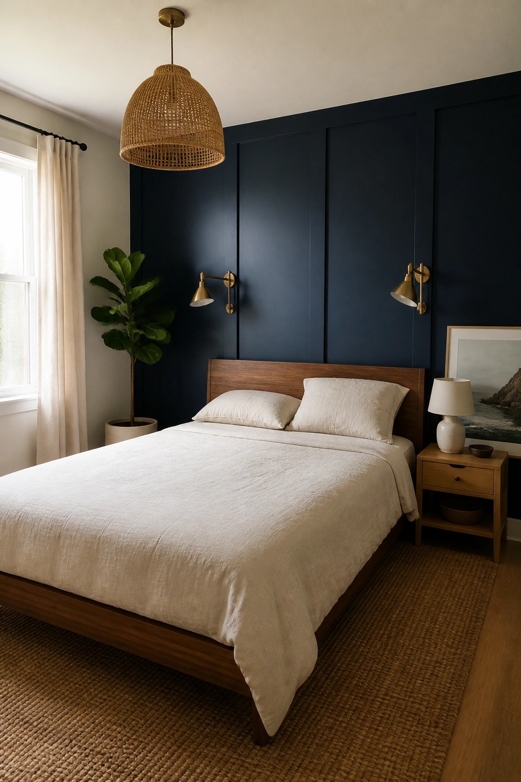 Modern bedroom with navy accent wall, wooden bed, white linens, woven pendant, and brass sconces
