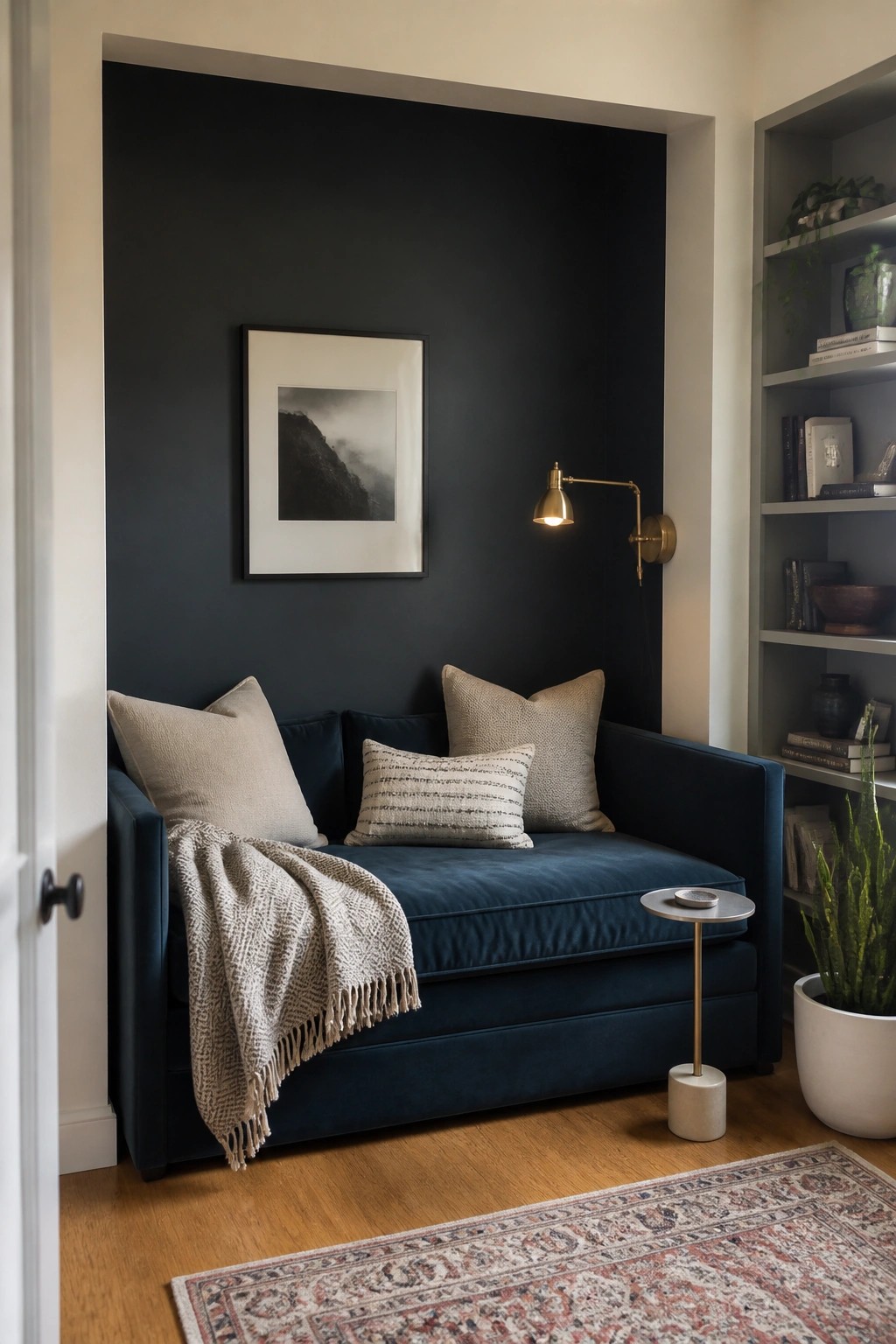 A deep navy accent wall in a recessed nook with a blue sofa and wood flooring.