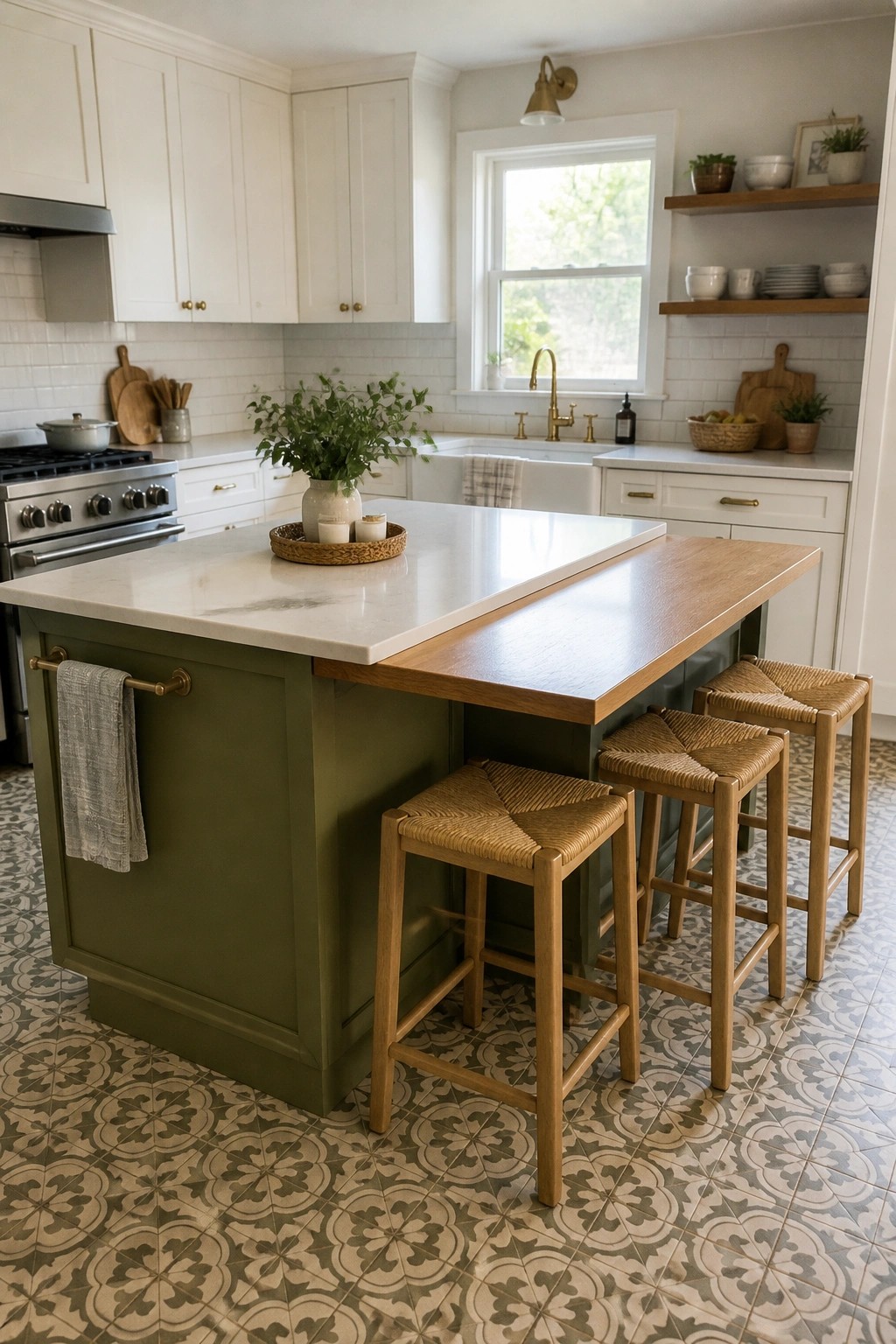Olive green kitchen island with white marble countertop and woven stools.