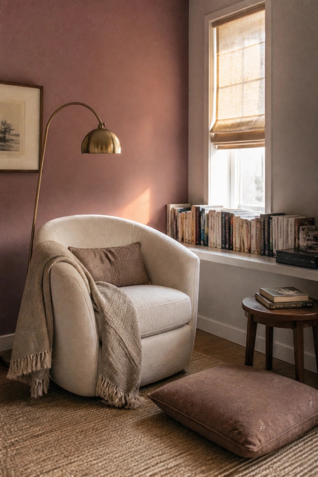 A dusty rose accent wall creates a cozy corner with a cream chair and wood flooring.
