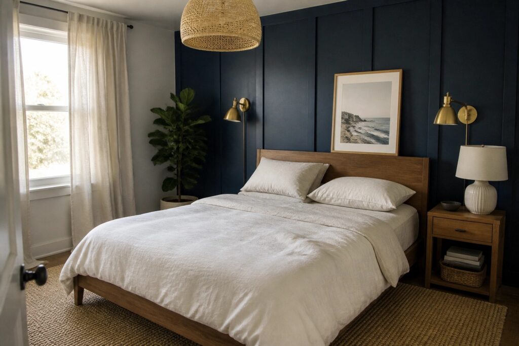 21 Creative Accent Wall Paint Ideas That Add Depth to Short Rooms Modern bedroom with navy accent wall, wooden bed, white linens, woven pendant, and brass sconces