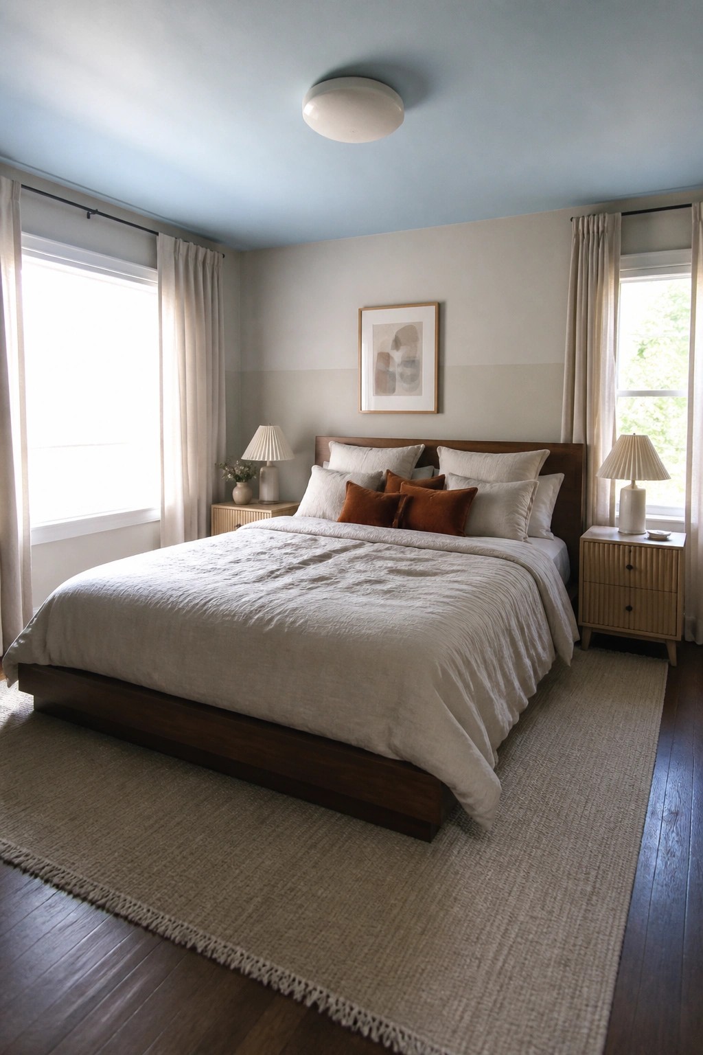 Serene bedroom with wooden bed, white linens, rust pillows, nightstands, and blue ceiling.