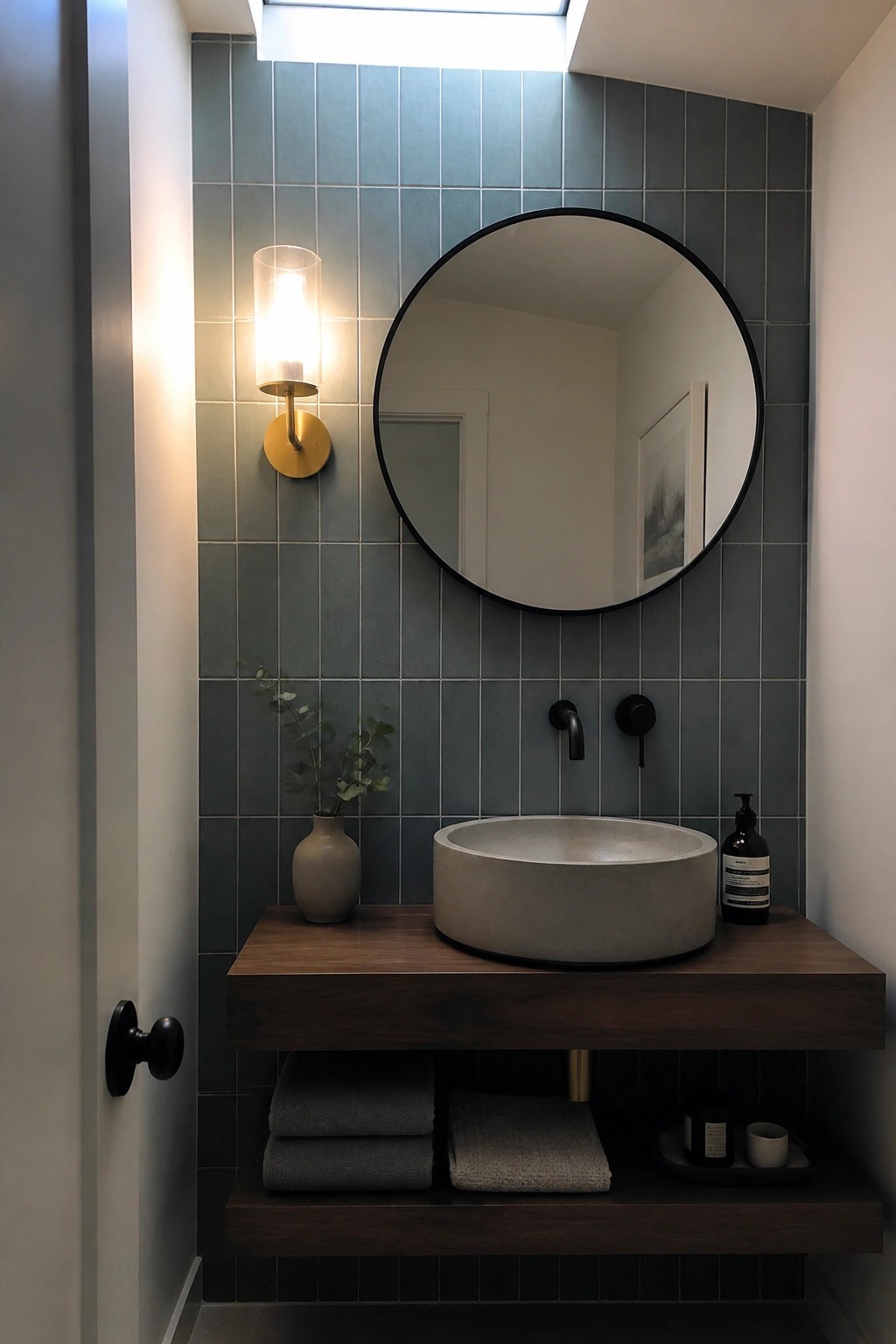 Modern bathroom with blue tiled walls, round mirror, concrete sink, and wooden vanity.