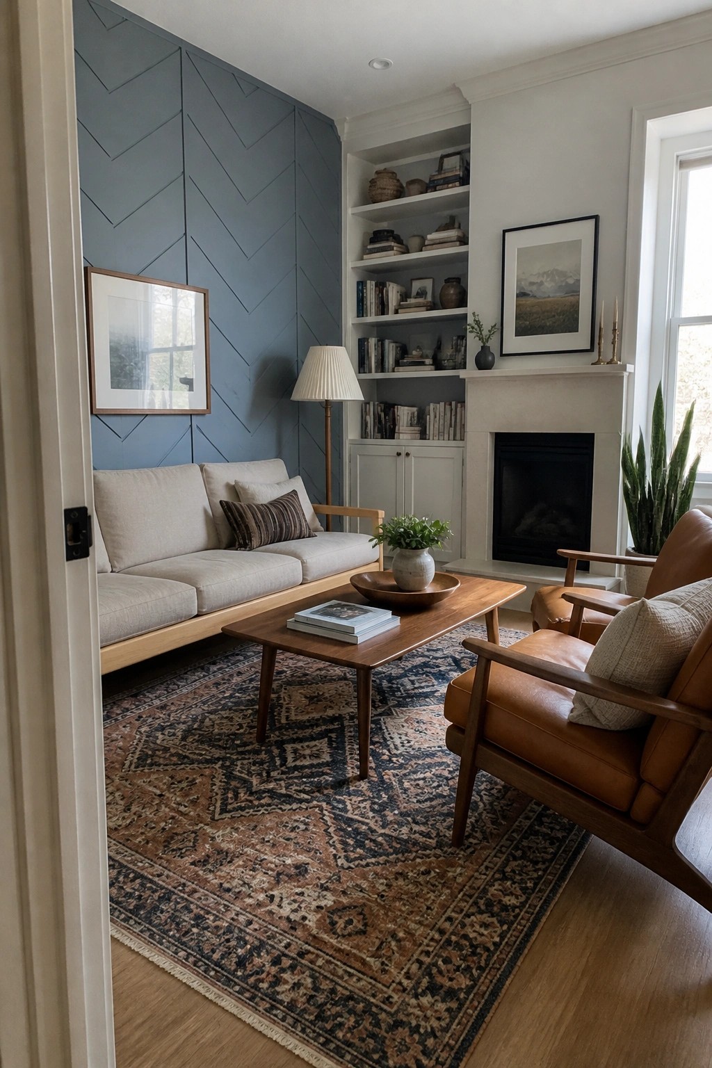 A muted blue-gray chevron accent wall behind a sofa in a living room.