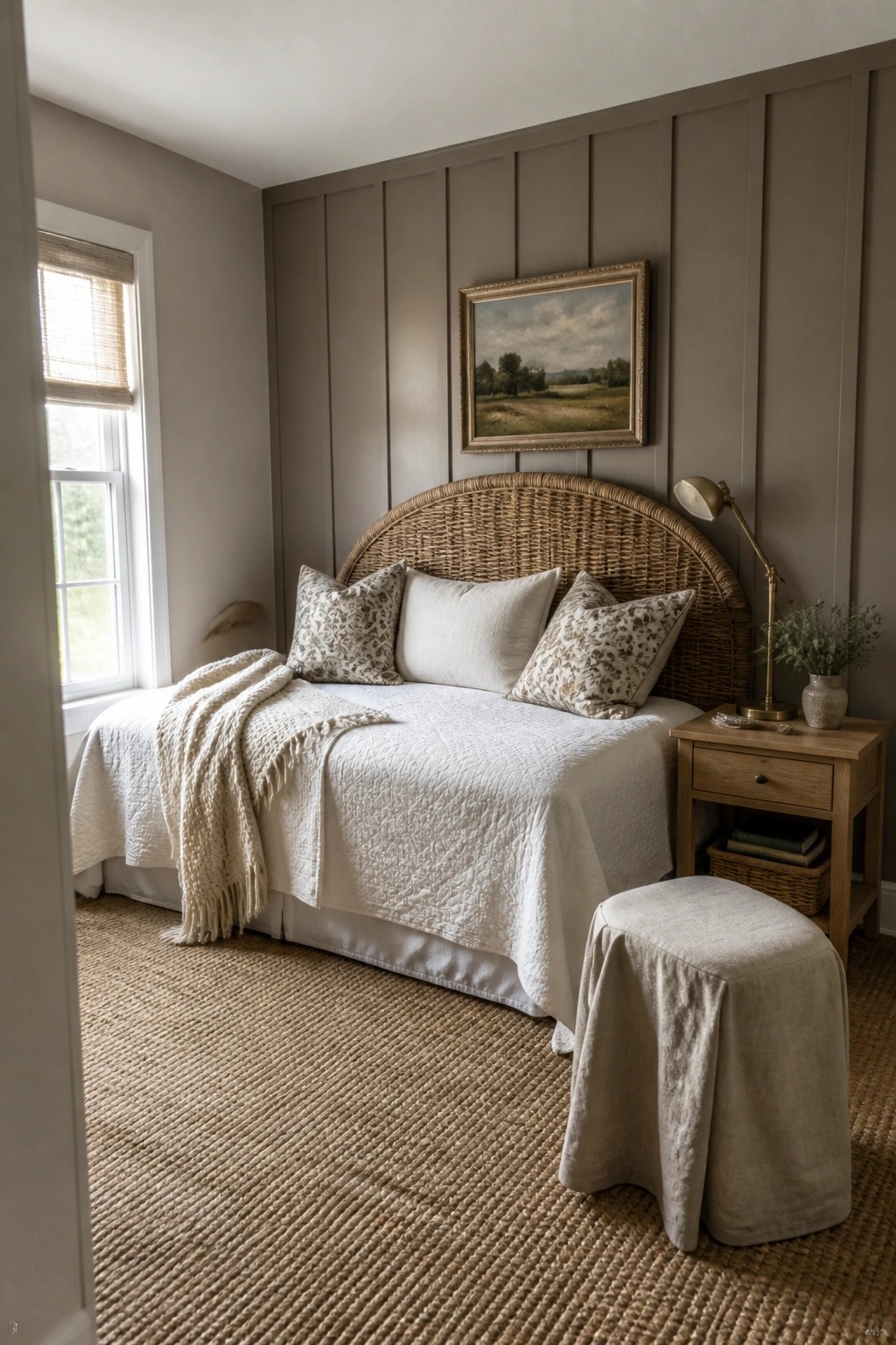 A bedroom accent wall painted in soft greige with vertical paneling.