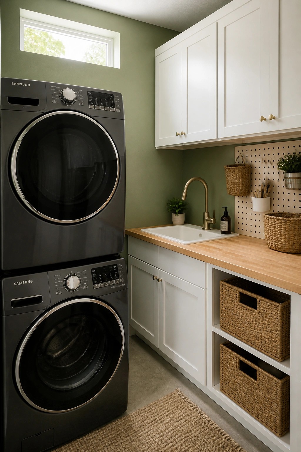 A compact laundry room with soft sage green walls, white cabinetry, and a stacked washer and dryer.