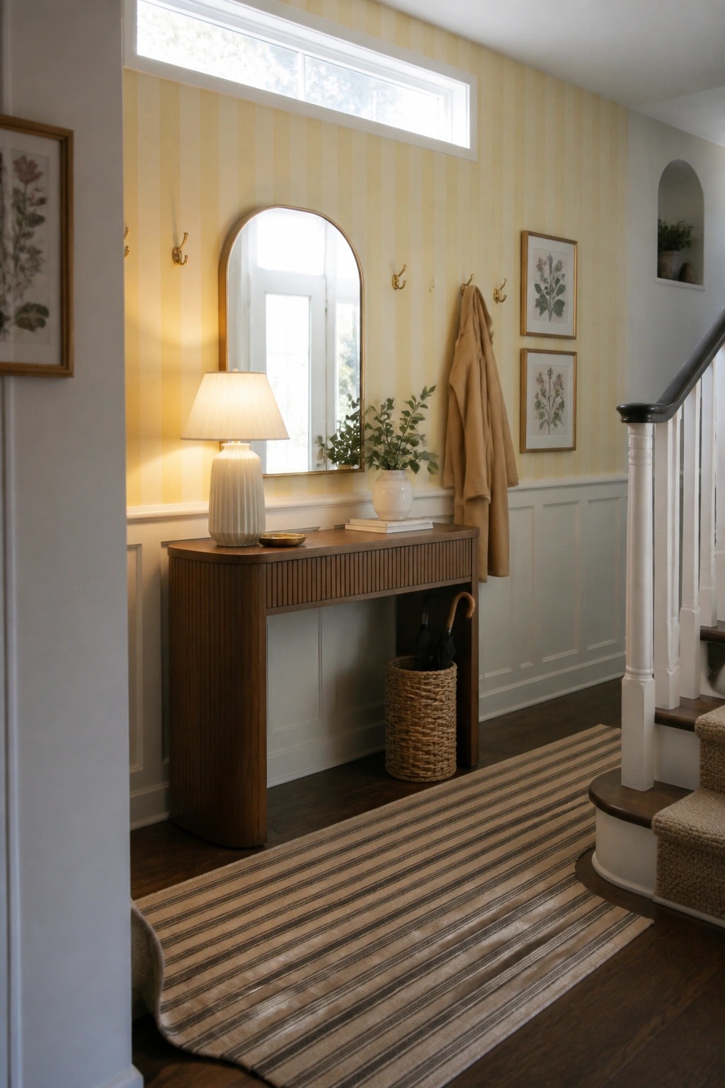 Soft yellow striped walls above white wainscoting in a narrow entry hallway.