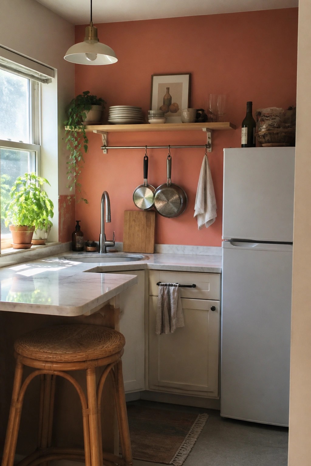 Terracotta accent wall in a kitchen with marble counters and wood shelves.