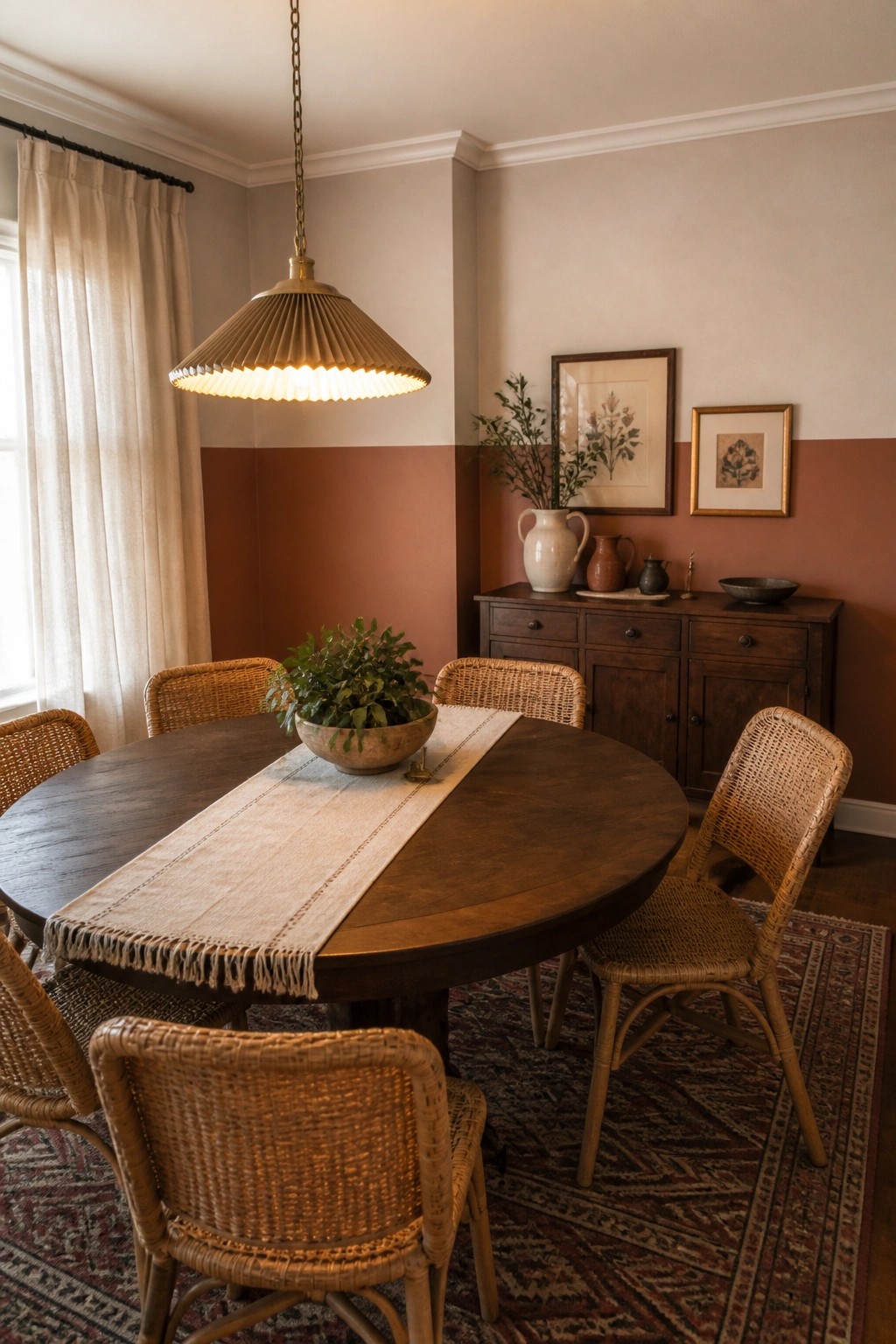 Round wooden dining table with wicker chairs, pendant light, and terracotta accent wall.