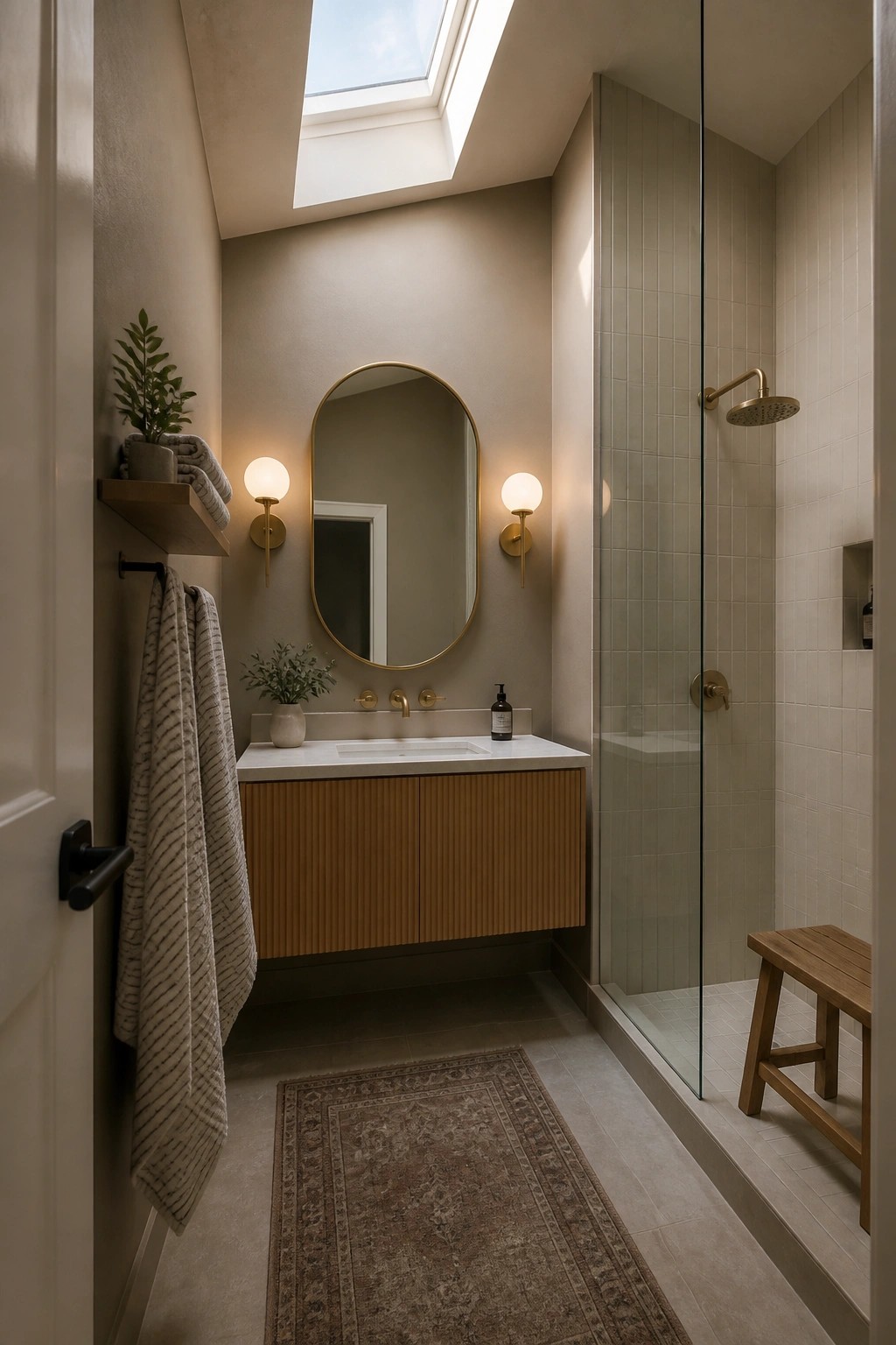 Modern bathroom with skylight, round mirror, wood vanity, and glass shower
