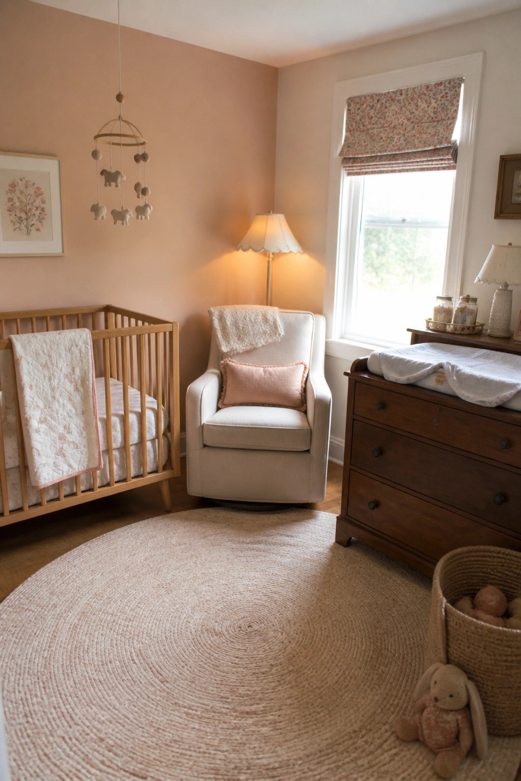Soft warm peach walls in a small nursery with wooden crib and flooring.