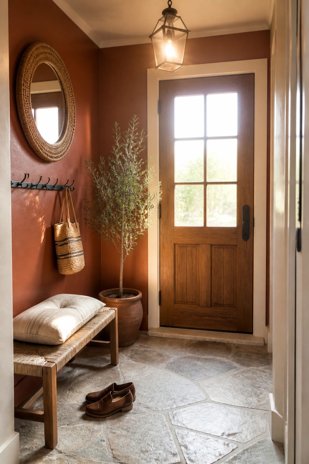 Cozy terracotta entryway with wooden door, woven bench, round mirror, and potted tree.