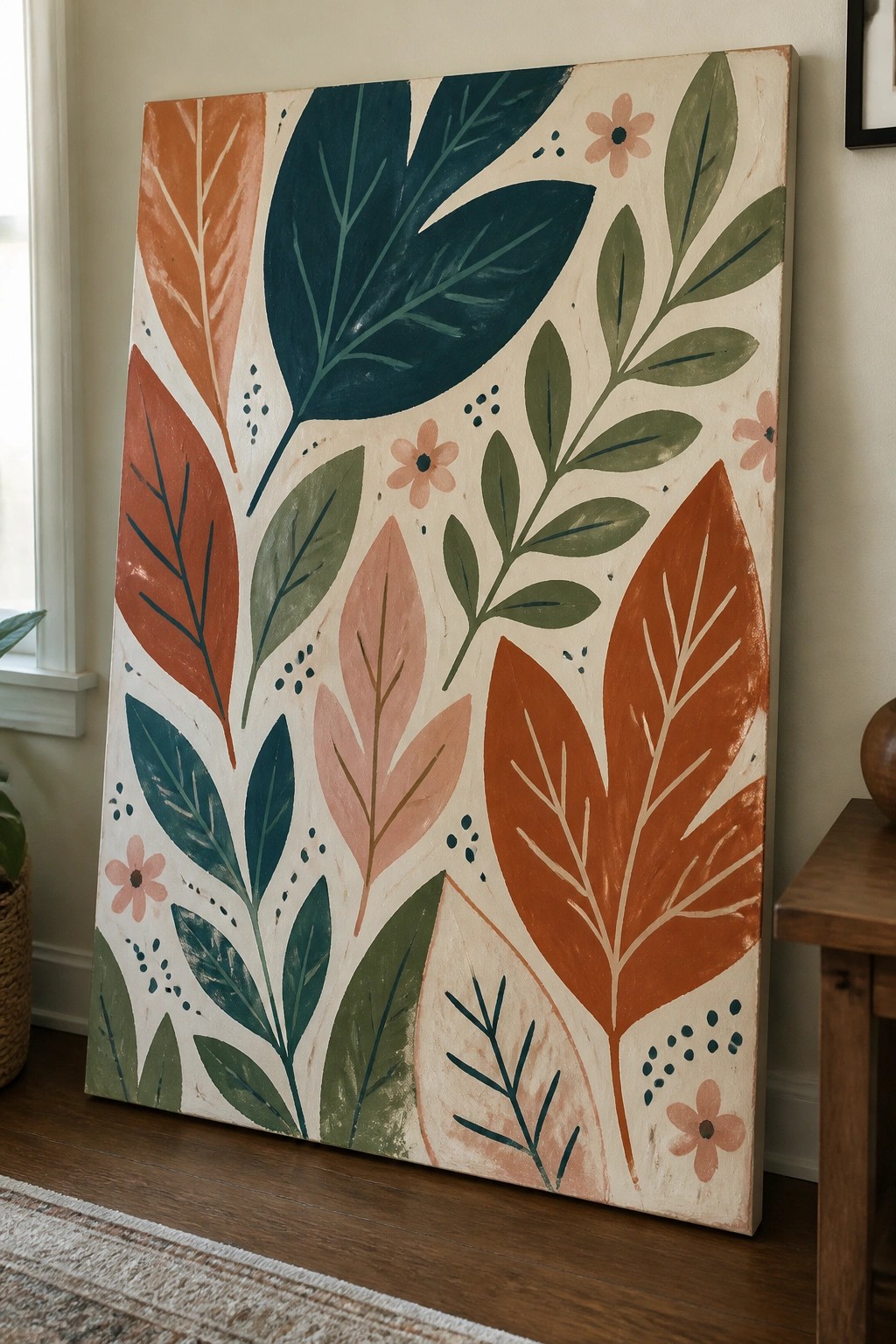 Large canvas painting with colorful leaves and flowers in orange, teal, and green.