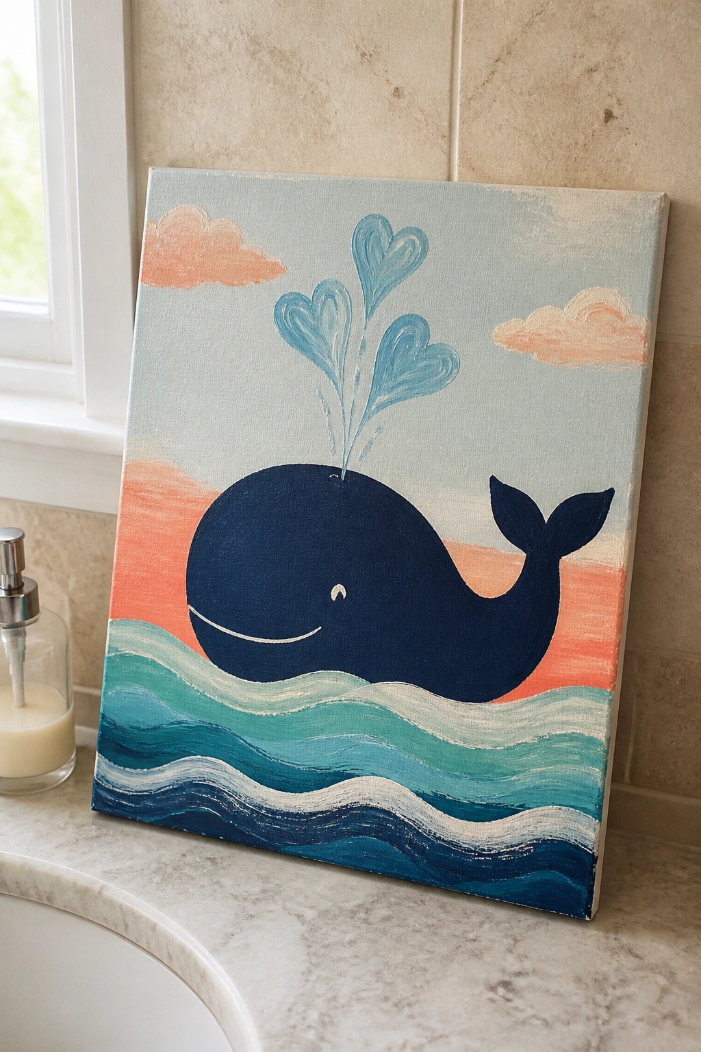 Painting of dark blue whale spouting hearts above teal waves at sunset on canvas
