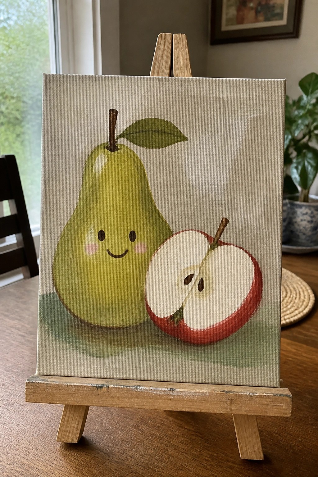 Cute green pear with smiling face beside halved red apple on wooden easel