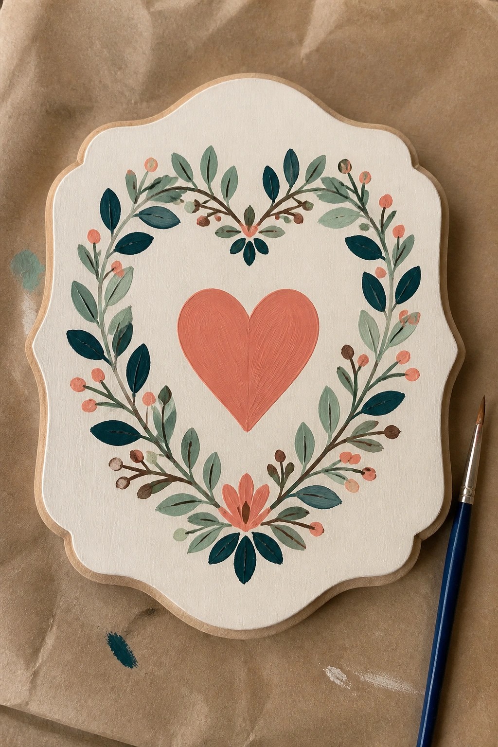 Hand-painted scalloped plaque with floral wreath encircling coral heart beside paintbrush