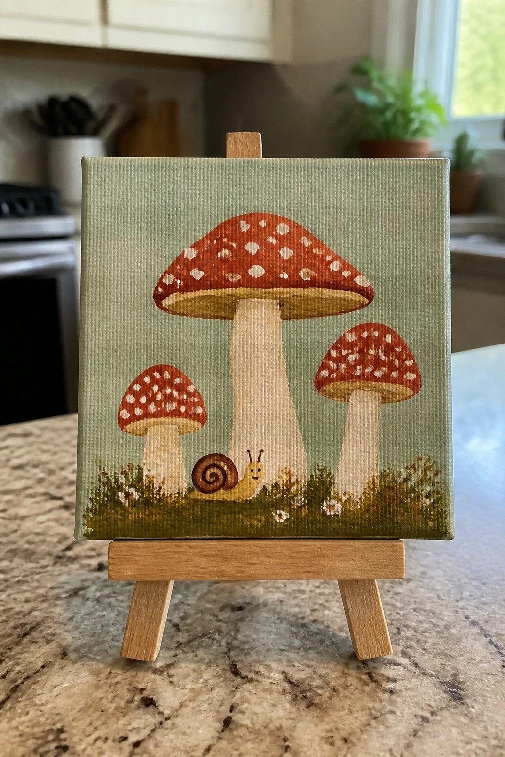 Small canvas on easel shows three red spotted mushrooms and a smiling snail.