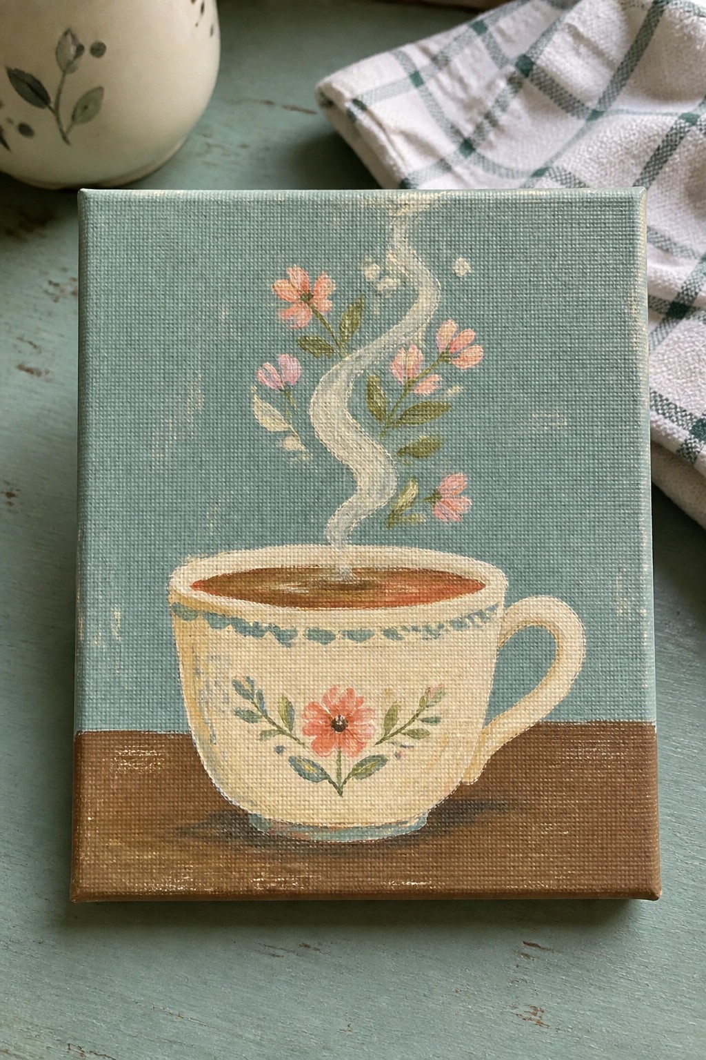 Cream teacup with floral pattern and steaming flowers on blue canvas painting