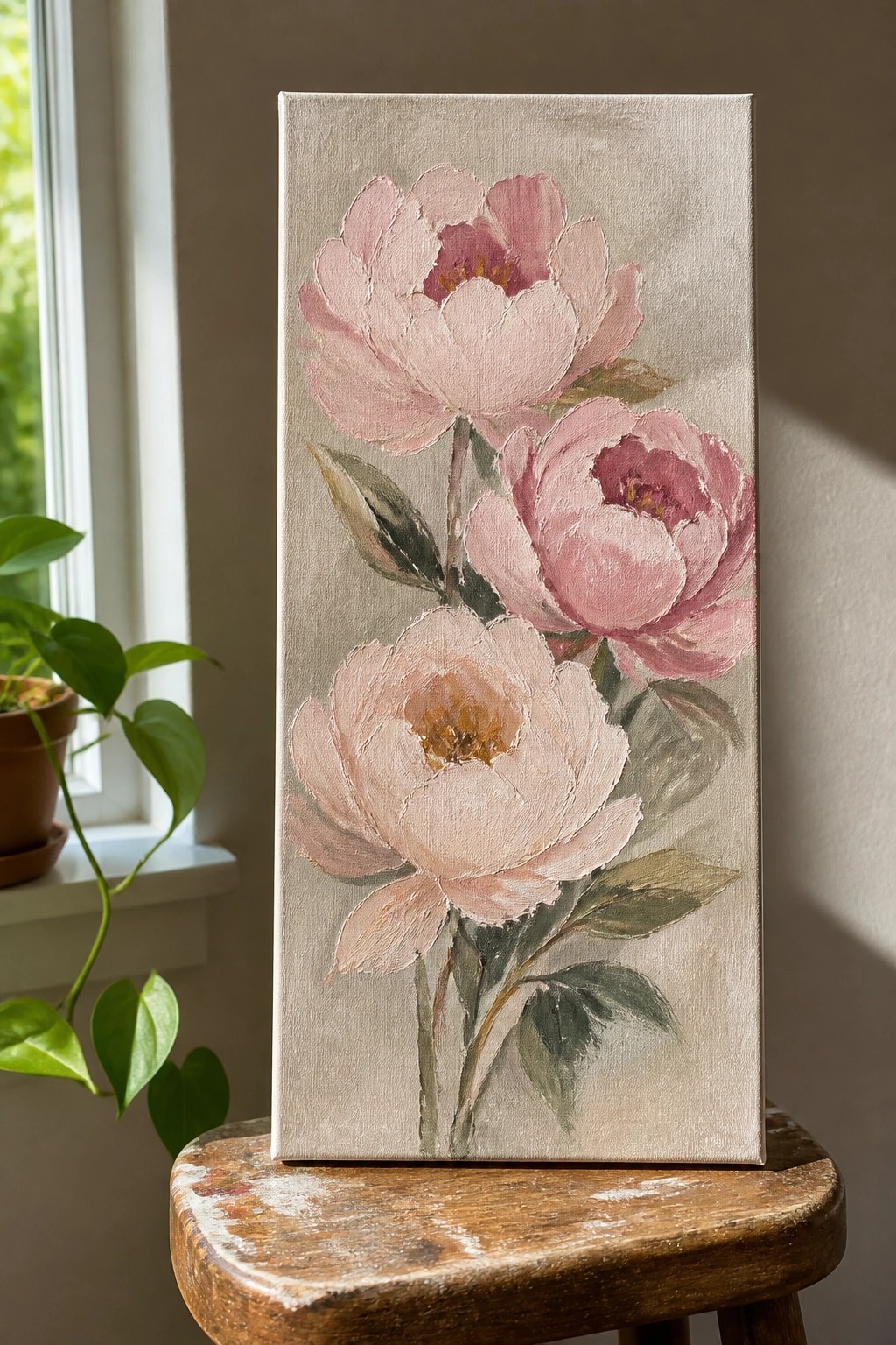 Pink peony flowers painted on vertical canvas atop rustic wooden stool near window