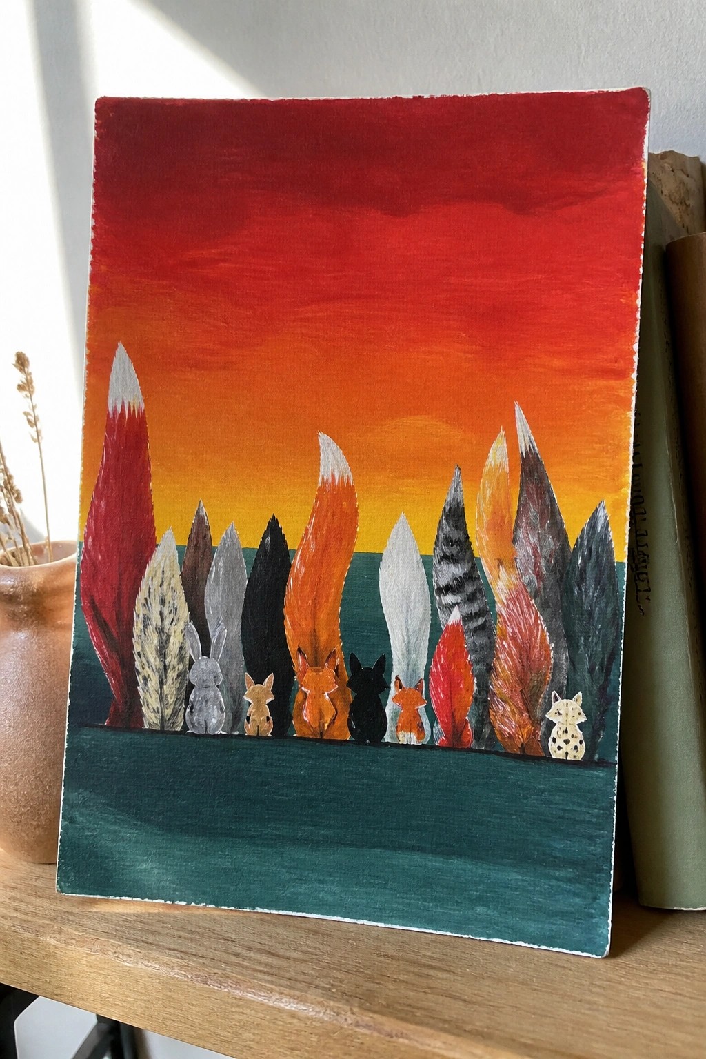 Colorful animal tails and small creatures silhouetted against a red-orange sunset sky.