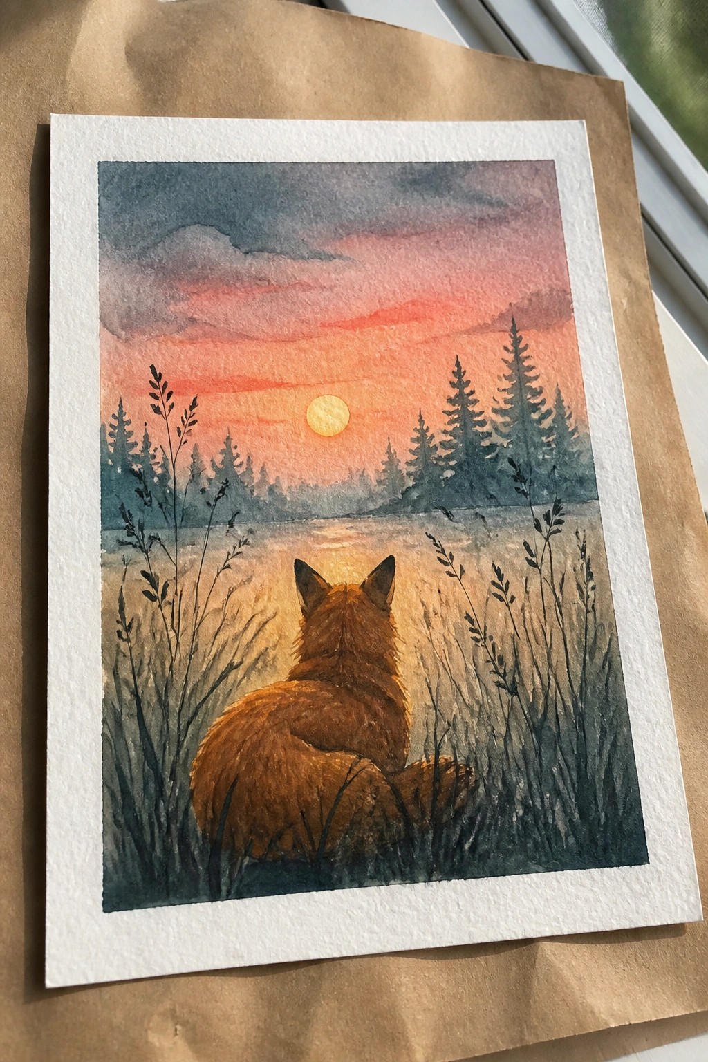 Watercolor painting of fox from behind viewing sunset over lake and pine trees