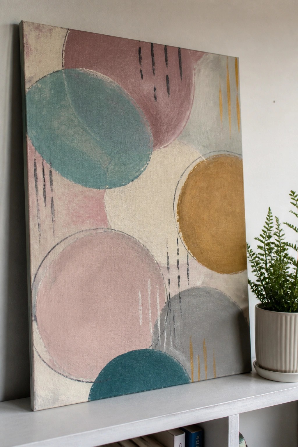 Abstract painting with overlapping circles in pink, teal, gray, and gold beside a potted plant.