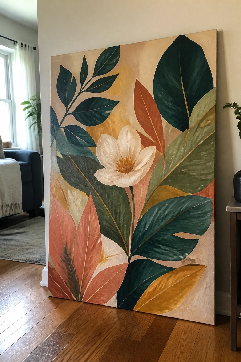 Large painting of white flower amid green, orange, and yellow tropical leaves on beige background.
