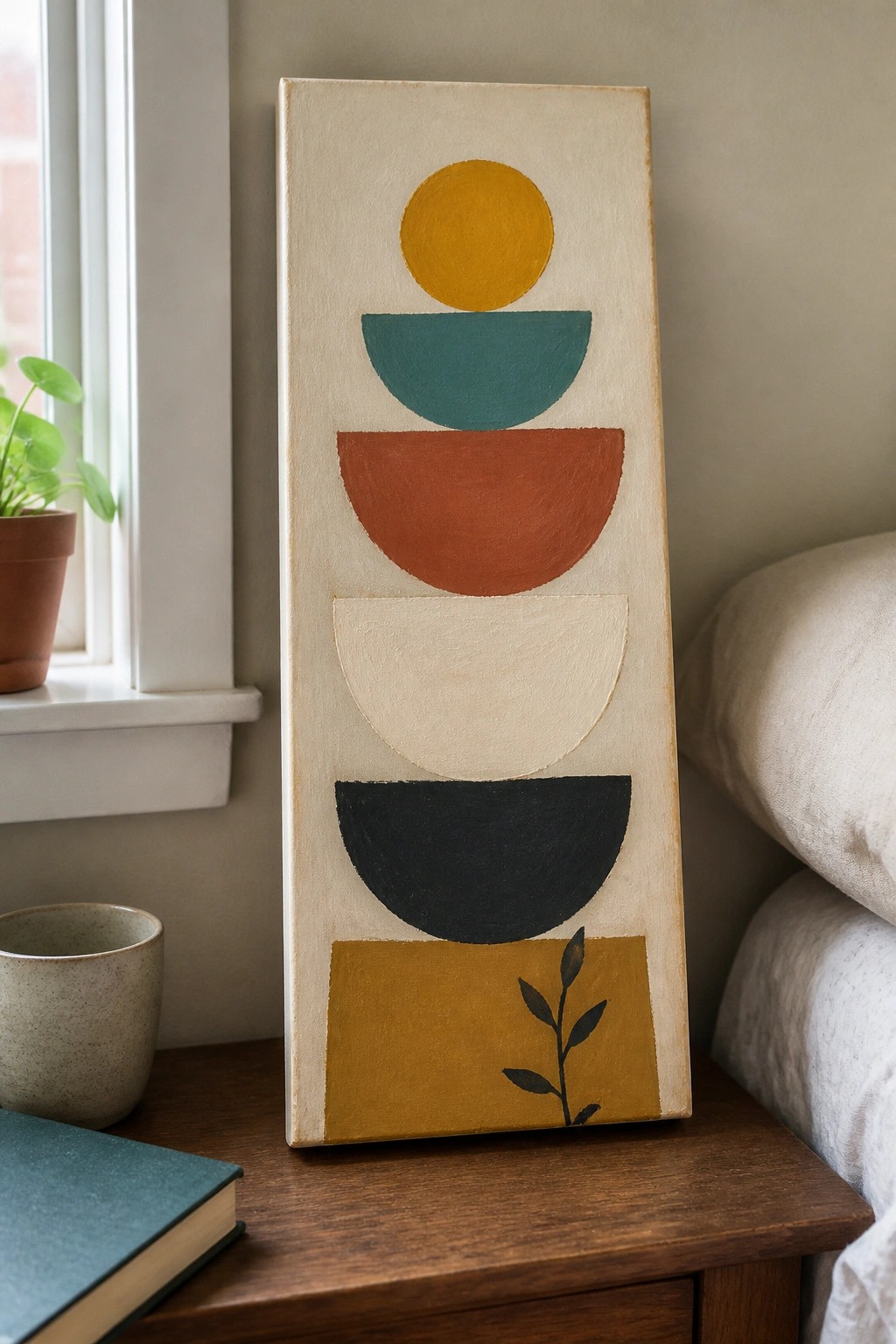Abstract painting with stacked colorful semicircles, yellow circle, and plant motif on wooden table